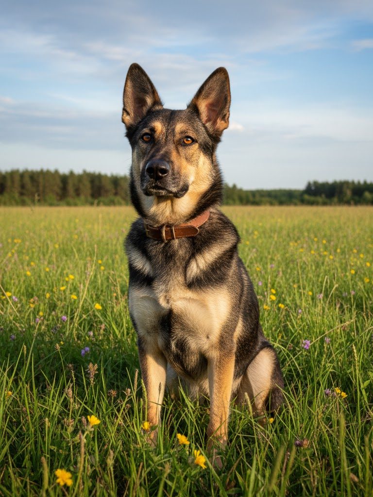 Schäferhund Schwarz-brauner Hund sitzt im grünen Feld mit Blumen und blauem Himmel im Hintergrund.