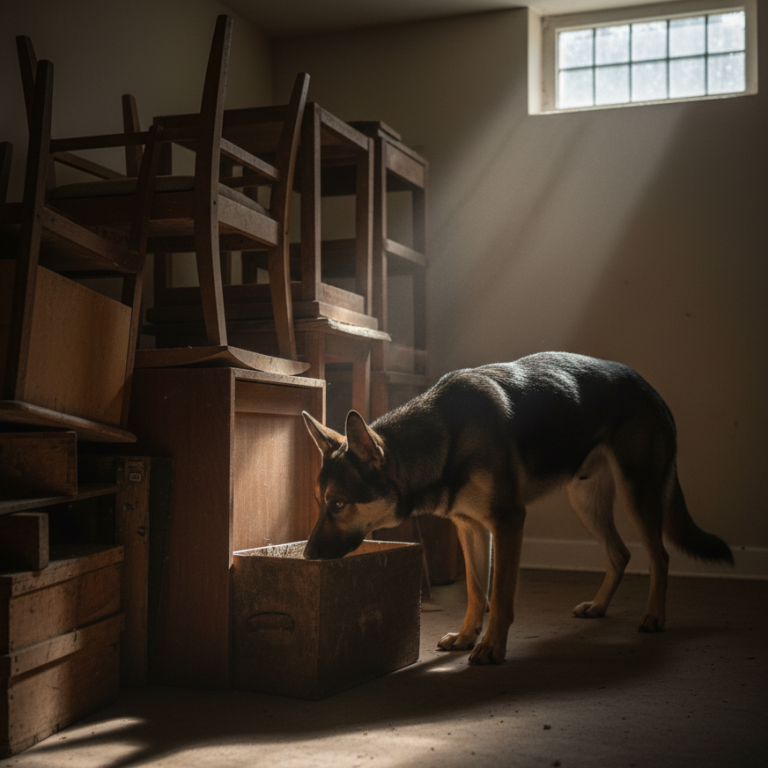 Schäferhund durchsucht Keller Ein Hund durchsucht einen Kellerraum.