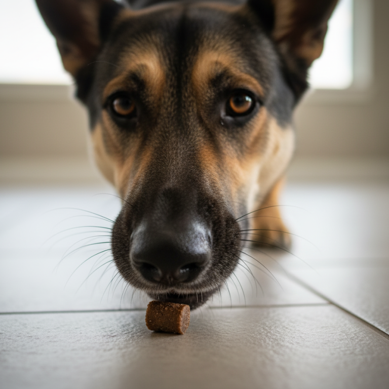 Schäferhund schaut neugierig Schäferhund schaut auf einen Keks vor sich.